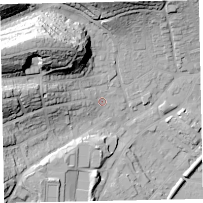 Shaded relief map of the ground around TQ32TJ, computed from Environment Agency LiDAR. The ground here sits at about 13 m above sea level and falls 56 m across the surrounding 800 m. Surface water reaching this point runs off ground lying to the west-north-west, 48.2 m higher.