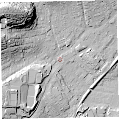 Shaded relief map of the ground around TQ32TL, computed from Environment Agency LiDAR. The ground here sits at about 9 m above sea level and falls 56 m across the surrounding 800 m. Surface water reaching this point runs off ground lying to the north-west, 51.0 m higher.