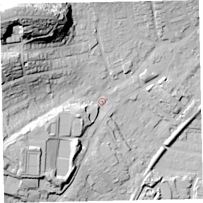 Shaded relief map of the ground around TQ32TN, computed from Environment Agency LiDAR. The ground here sits at about 10 m above sea level and falls 56 m across the surrounding 800 m. Surface water reaching this point runs off ground lying to the west-north-west, 32.5 m higher.