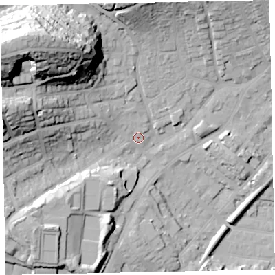 Shaded relief map of the ground around TQ32TP, computed from Environment Agency LiDAR. The ground here sits at about 11 m above sea level and falls 56 m across the surrounding 800 m. Surface water reaching this point runs off ground lying to the west-north-west, 31.9 m higher.