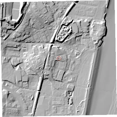 Shaded relief map of the ground around TQ32UA, computed from Environment Agency LiDAR. The ground here sits at about 7 m above sea level and falls 29 m across the surrounding 800 m. Surface water reaching this point runs off ground lying to the west-north-west, 3.8 m higher.