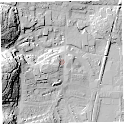 Shaded relief map of the ground around TQ33DT, computed from Environment Agency LiDAR. The ground here sits at about 10 m above sea level and falls 44 m across the surrounding 800 m. Surface water reaching this point runs off ground lying to the west-south-west, 6.8 m higher.