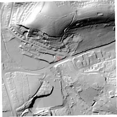Shaded relief map of the ground around TQ33EA, computed from Environment Agency LiDAR. The ground here sits at about 40 m above sea level and falls 73 m across the surrounding 800 m. Surface water reaching this point runs off ground lying to the north, 61.6 m higher.