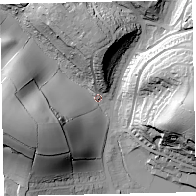 Shaded relief map of the ground around TQ33TS, computed from Environment Agency LiDAR. The ground here sits at about 40 m above sea level and falls 64 m across the surrounding 800 m. Surface water reaching this point runs off ground lying to the west-south-west, 58.8 m higher.