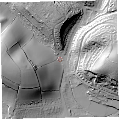 Shaded relief map of the ground around TQ33TT, computed from Environment Agency LiDAR. The ground here sits at about 38 m above sea level and falls 65 m across the surrounding 800 m. Surface water reaching this point runs off ground lying to the west, 59.7 m higher.