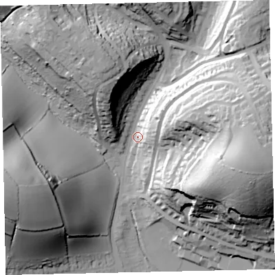 Shaded relief map of the ground around TQ33TX, computed from Environment Agency LiDAR. The ground here sits at about 41 m above sea level and falls 64 m across the surrounding 800 m. Surface water reaching this point runs off ground lying to the east, 56.6 m higher.