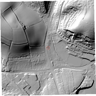 Shaded relief map of the ground around TQ33TY, computed from Environment Agency LiDAR. The ground here sits at about 37 m above sea level and falls 67 m across the surrounding 800 m. Surface water reaching this point runs off ground lying to the west-north-west, 53.8 m higher.
