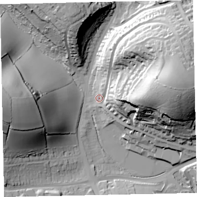 Shaded relief map of the ground around TQ33UB, computed from Environment Agency LiDAR. The ground here sits at about 40 m above sea level and falls 67 m across the surrounding 800 m. Surface water reaching this point runs off ground lying to the east-north-east, 59.6 m higher.