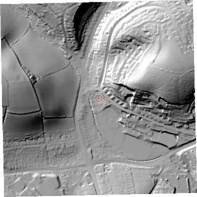 Shaded relief map of the ground around TQ33UW, computed from Environment Agency LiDAR. The ground here sits at about 37 m above sea level and falls 67 m across the surrounding 800 m. Surface water reaching this point runs off ground lying to the east-north-east, 45.6 m higher.