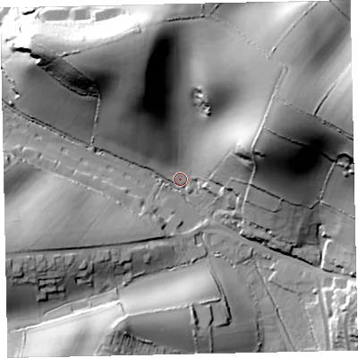 Shaded relief map of the ground around TQ33YA, computed from Environment Agency LiDAR. The ground here sits at about 43 m above sea level and falls 64 m across the surrounding 800 m. Surface water reaching this point runs off ground lying to the north-east, 59.3 m higher.