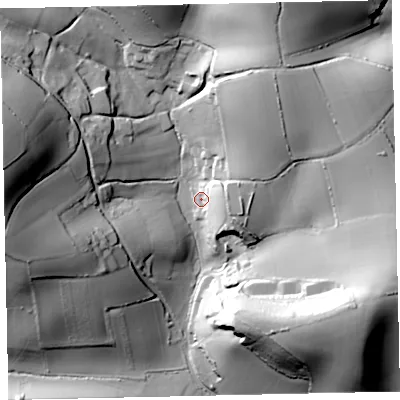 Shaded relief map of the ground around TQ33YB, computed from Environment Agency LiDAR. The ground here sits at about 57 m above sea level and falls 63 m across the surrounding 800 m. Surface water reaching this point runs off ground lying to the east-south-east, 17.0 m higher.