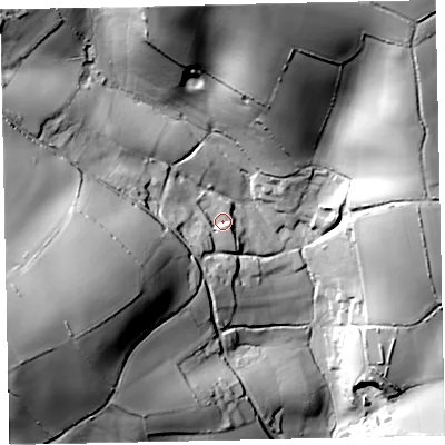 Shaded relief map of the ground around TQ33YE, computed from Environment Agency LiDAR. The ground here sits at about 68 m above sea level and falls 75 m across the surrounding 800 m. Surface water reaching this point runs off ground lying to the west-south-west, 23.5 m higher.