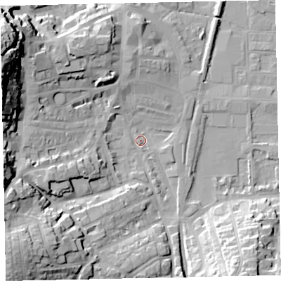 Shaded relief map of the ground around TQ45AD, computed from Environment Agency LiDAR. The ground here sits at about 3 m above sea level and falls 37 m across the surrounding 800 m. Surface water reaching this point runs off ground lying to the west-south-west, 23.4 m higher.
