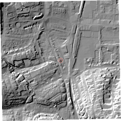 Shaded relief map of the ground around TQ45AE, computed from Environment Agency LiDAR. The ground here sits at about 3 m above sea level and falls 33 m across the surrounding 800 m. Surface water reaching this point runs off ground lying to the south-west, 5.8 m higher.