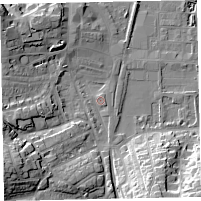 Shaded relief map of the ground around TQ45AG, computed from Environment Agency LiDAR. The ground here sits at about 4 m above sea level and falls 30 m across the surrounding 800 m. Surface water reaching this point runs off ground lying to the south-west, 19.1 m higher.