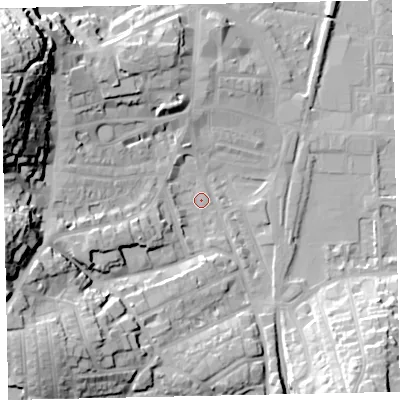 Shaded relief map of the ground around TQ45AQ, computed from Environment Agency LiDAR. The ground here sits at about 3 m above sea level and falls 41 m across the surrounding 800 m. Surface water reaching this point runs off ground lying to the west-south-west, 30.7 m higher.