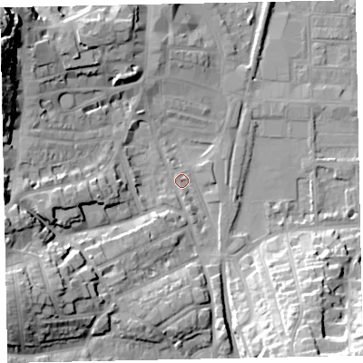 Shaded relief map of the ground around TQ45AR, computed from Environment Agency LiDAR. The ground here sits at about 3 m above sea level and falls 34 m across the surrounding 800 m. Surface water reaching this point runs off ground lying to the west-south-west, 19.8 m higher.