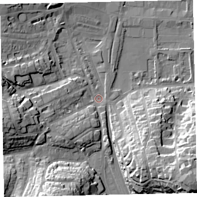 Shaded relief map of the ground around TQ45AS, computed from Environment Agency LiDAR. The ground here sits at about 3 m above sea level and falls 34 m across the surrounding 800 m. Surface water reaching this point runs off ground lying to the west-south-west, 14.0 m higher.