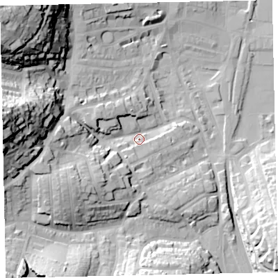 Shaded relief map of the ground around TQ45BA, computed from Environment Agency LiDAR. The ground here sits at about 6 m above sea level and falls 50 m across the surrounding 800 m. Surface water reaching this point runs off ground lying to the west, 46.6 m higher.
