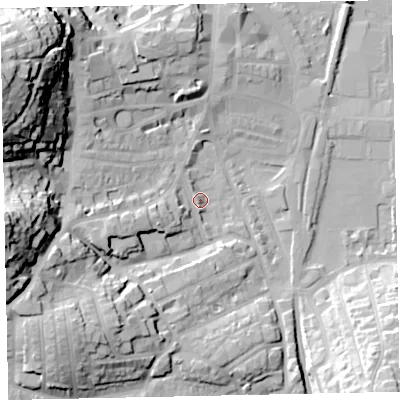 Shaded relief map of the ground around TQ45BD, computed from Environment Agency LiDAR. The ground here sits at about 4 m above sea level and falls 46 m across the surrounding 800 m. Surface water reaching this point runs off ground lying to the west, 37.4 m higher.