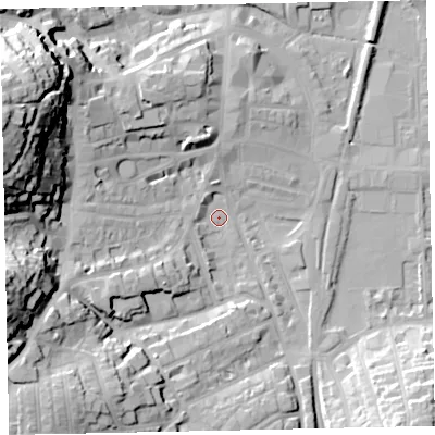 Shaded relief map of the ground around TQ45BH, computed from Environment Agency LiDAR. The ground here sits at about 3 m above sea level and falls 44 m across the surrounding 800 m. Surface water reaching this point runs off ground lying to the west-north-west, 43.7 m higher.