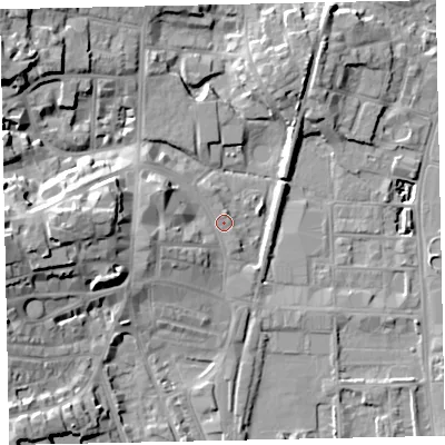Shaded relief map of the ground around TQ45BP, computed from Environment Agency LiDAR. The ground here sits at about 4 m above sea level and falls 17 m across the surrounding 800 m. Surface water reaching this point runs off ground lying to the west-south-west, 6.7 m higher.
