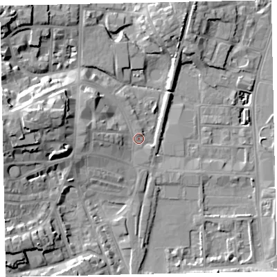 Shaded relief map of the ground around TQ45BT, computed from Environment Agency LiDAR. The ground here sits at about 4 m above sea level and falls 16 m across the surrounding 800 m. Surface water reaching this point runs off ground lying to the west, 7.7 m higher.