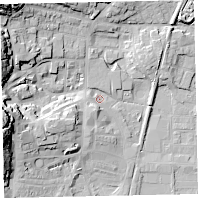 Shaded relief map of the ground around TQ45BW, computed from Environment Agency LiDAR. The ground here sits at about 5 m above sea level and falls 34 m across the surrounding 800 m. Surface water reaching this point runs off ground lying to the south-south-west, 4.9 m higher.