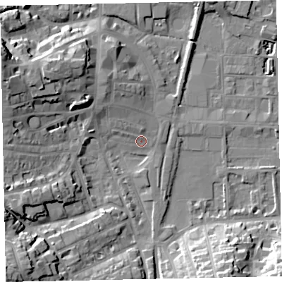 Shaded relief map of the ground around TQ45DY, computed from Environment Agency LiDAR. The ground here sits at about 4 m above sea level and falls 21 m across the surrounding 800 m. Surface water reaching this point runs off ground lying to the south-west, 19.0 m higher.
