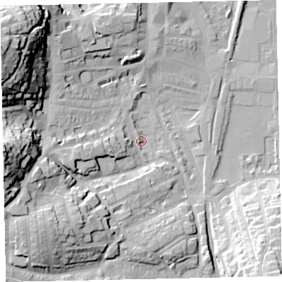 Shaded relief map of the ground around TQ45EG, computed from Environment Agency LiDAR. The ground here sits at about 4 m above sea level and falls 45 m across the surrounding 800 m. Surface water reaching this point runs off ground lying to the west, 36.7 m higher.