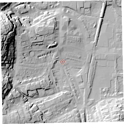Shaded relief map of the ground around TQ45FA, computed from Environment Agency LiDAR. The ground here sits at about 4 m above sea level and falls 41 m across the surrounding 800 m. Surface water reaching this point runs off ground lying to the west-north-west, 41.0 m higher.