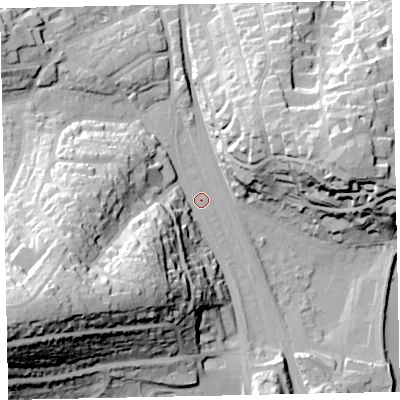 Shaded relief map of the ground around TQ45HR, computed from Environment Agency LiDAR. The ground here sits at about 4 m above sea level and falls 56 m across the surrounding 800 m. Surface water reaching this point runs off ground lying to the west-south-west, 52.3 m higher.