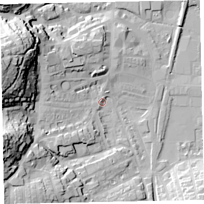 Shaded relief map of the ground around TQ45JX, computed from Environment Agency LiDAR. The ground here sits at about 4 m above sea level and falls 46 m across the surrounding 800 m. Surface water reaching this point runs off ground lying to the west-north-west, 45.8 m higher.