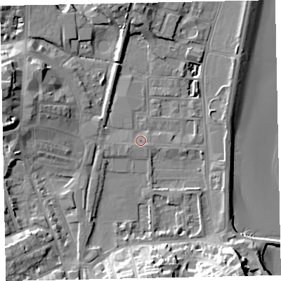Shaded relief map of the ground around TQ46AB, computed from Environment Agency LiDAR. The ground here sits at about 3 m above sea level and falls 19 m across the surrounding 800 m. Surface water reaching this point runs off ground lying to the south-east, 16.2 m higher.
