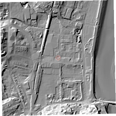 Shaded relief map of the ground around TQ46AD, computed from Environment Agency LiDAR. The ground here sits at about 2 m above sea level and falls 19 m across the surrounding 800 m. Surface water reaching this point runs off ground lying to the south-east, 15.7 m higher.