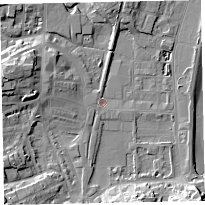 Shaded relief map of the ground around TQ46AE, computed from Environment Agency LiDAR. The ground here sits at about 3 m above sea level and falls 17 m across the surrounding 800 m. Surface water reaching this point runs off ground lying to the south-south-west, 2.6 m higher.