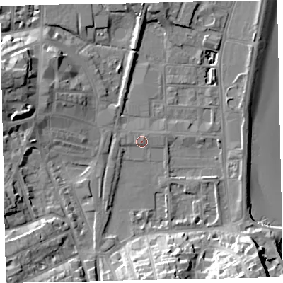 Shaded relief map of the ground around TQ46AF, computed from Environment Agency LiDAR. The ground here sits at about 4 m above sea level and falls 22 m across the surrounding 800 m. Surface water reaching this point runs off ground lying to the south-east, 18.5 m higher.