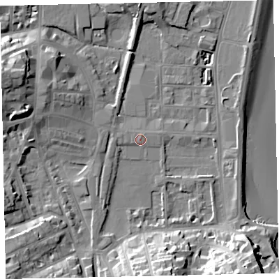 Shaded relief map of the ground around TQ46AH, computed from Environment Agency LiDAR. The ground here sits at about 4 m above sea level and falls 21 m across the surrounding 800 m. Surface water reaching this point runs off ground lying to the south-east, 18.1 m higher.