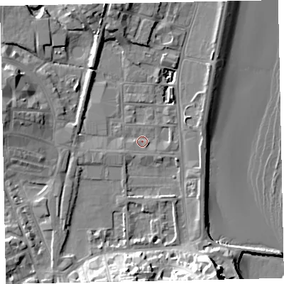 Shaded relief map of the ground around TQ46AJ, computed from Environment Agency LiDAR. The ground here sits at about 3 m above sea level and falls 19 m across the surrounding 800 m. Surface water reaching this point runs off ground lying to the south-south-east, 15.4 m higher.