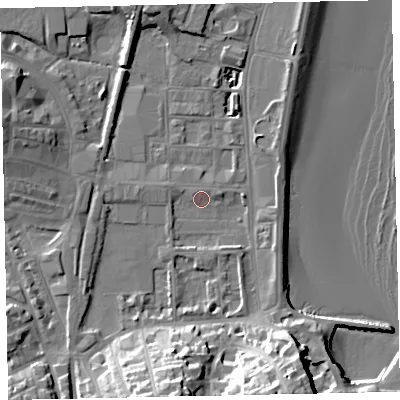 Shaded relief map of the ground around TQ46AL, computed from Environment Agency LiDAR. The ground here sits at about 3 m above sea level and falls 23 m across the surrounding 800 m. Surface water reaching this point runs off ground lying to the south-south-east, 18.9 m higher.