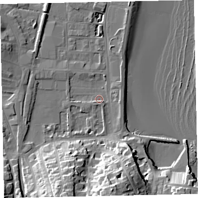 Shaded relief map of the ground around TQ46AP, computed from Environment Agency LiDAR. The ground here sits at about 3 m above sea level and falls 29 m across the surrounding 800 m. Surface water reaching this point runs off ground lying to the south-south-east, 17.2 m higher.