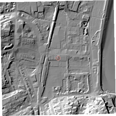 Shaded relief map of the ground around TQ46AQ, computed from Environment Agency LiDAR. The ground here sits at about 4 m above sea level and falls 21 m across the surrounding 800 m. Surface water reaching this point runs off ground lying to the south-east, 18.1 m higher.