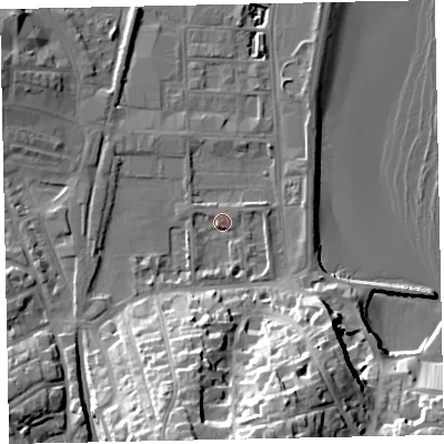 Shaded relief map of the ground around TQ46AR, computed from Environment Agency LiDAR. The ground here sits at about 4 m above sea level and falls 32 m across the surrounding 800 m. Surface water reaching this point runs off ground lying to the south-south-east, 27.7 m higher.