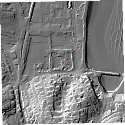 Shaded relief map of the ground around TQ46AS, computed from Environment Agency LiDAR. The ground here sits at about 3 m above sea level and falls 36 m across the surrounding 800 m. Surface water reaching this point runs off ground lying to the south, 30.7 m higher.