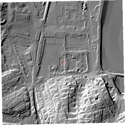 Shaded relief map of the ground around TQ46AT, computed from Environment Agency LiDAR. The ground here sits at about 2 m above sea level and falls 35 m across the surrounding 800 m. Surface water reaching this point runs off ground lying to the south-south-east, 31.3 m higher.