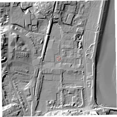 Shaded relief map of the ground around TQ46AU, computed from Environment Agency LiDAR. The ground here sits at about 3 m above sea level and falls 17 m across the surrounding 800 m. Surface water reaching this point runs off ground lying to the south-east, 12.7 m higher.