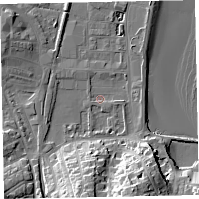 Shaded relief map of the ground around TQ46AW, computed from Environment Agency LiDAR. The ground here sits at about 2 m above sea level and falls 29 m across the surrounding 800 m. Surface water reaching this point runs off ground lying to the south-south-east, 17.3 m higher.