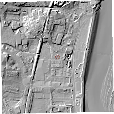 Shaded relief map of the ground around TQ46AX, computed from Environment Agency LiDAR. The ground here sits at about 3 m above sea level and falls 15 m across the surrounding 800 m. Surface water reaching this point runs off ground lying to the north-west, 10.7 m higher.