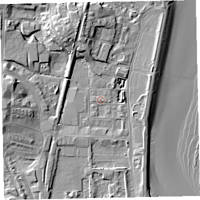 Shaded relief map of the ground around TQ46AY, computed from Environment Agency LiDAR. The ground here sits at about 3 m above sea level and falls 13 m across the surrounding 800 m. Surface water reaching this point runs off ground lying to the east-north-east, 5.3 m higher.