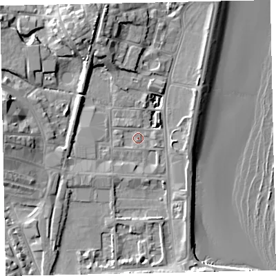 Shaded relief map of the ground around TQ46AZ, computed from Environment Agency LiDAR. The ground here sits at about 2 m above sea level and falls 13 m across the surrounding 800 m. Surface water reaching this point runs off ground lying to the south-south-east, 5.4 m higher.